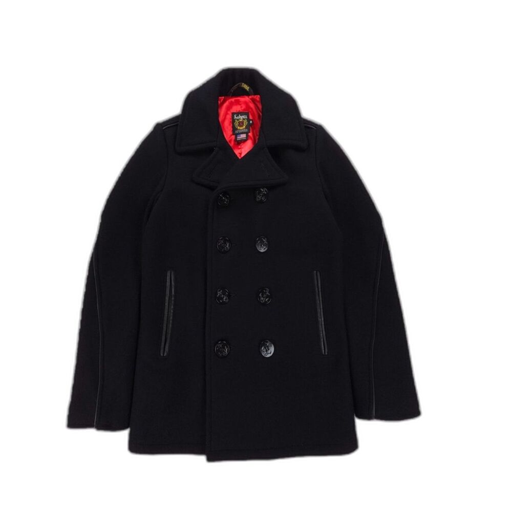 NEW Schott NYC 740C Leather Trim Peacoat Black Wool Military US Navy Old Money
